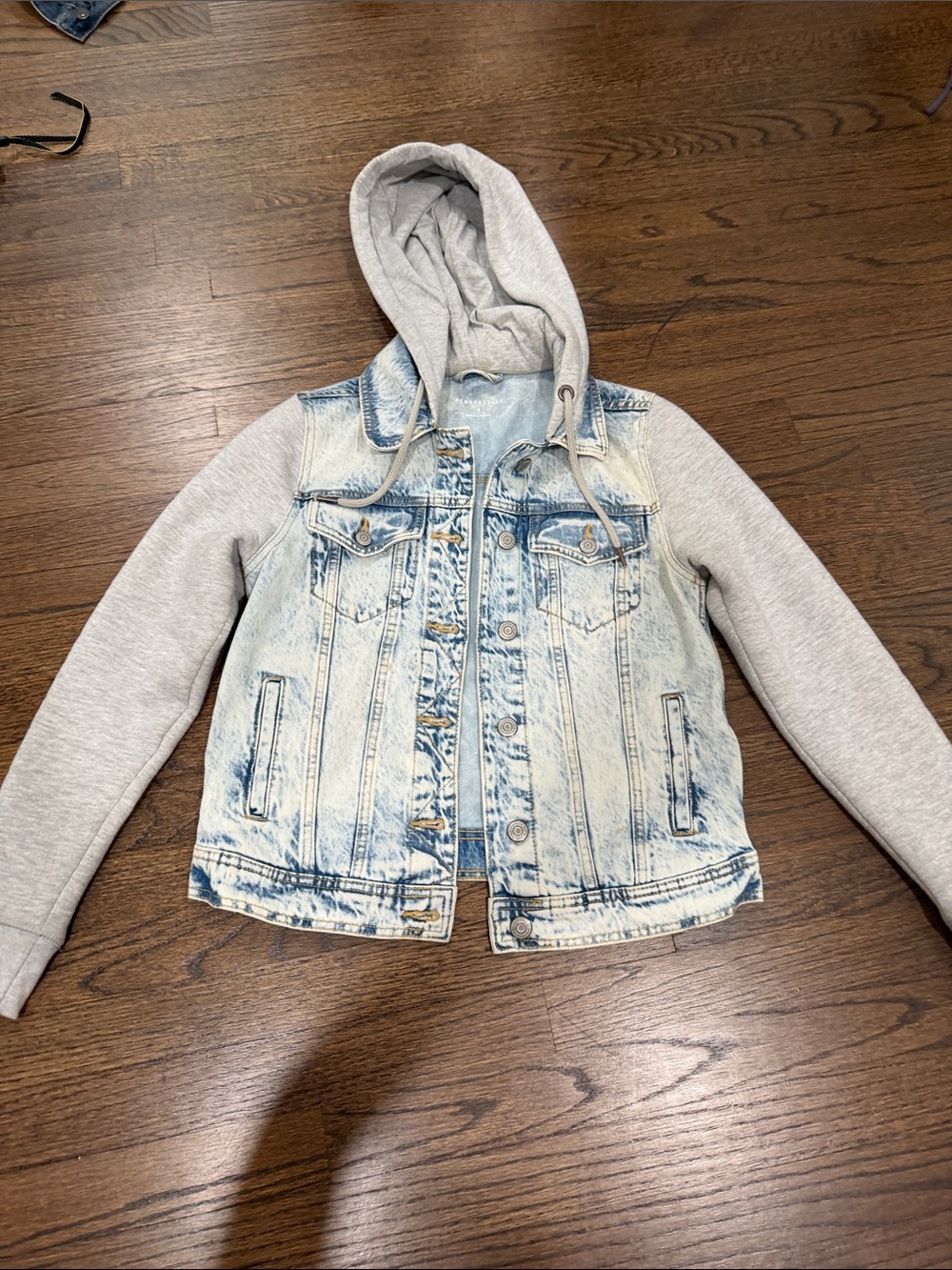 Aeropostale Light Wash Denim Jacket with Gray Hood